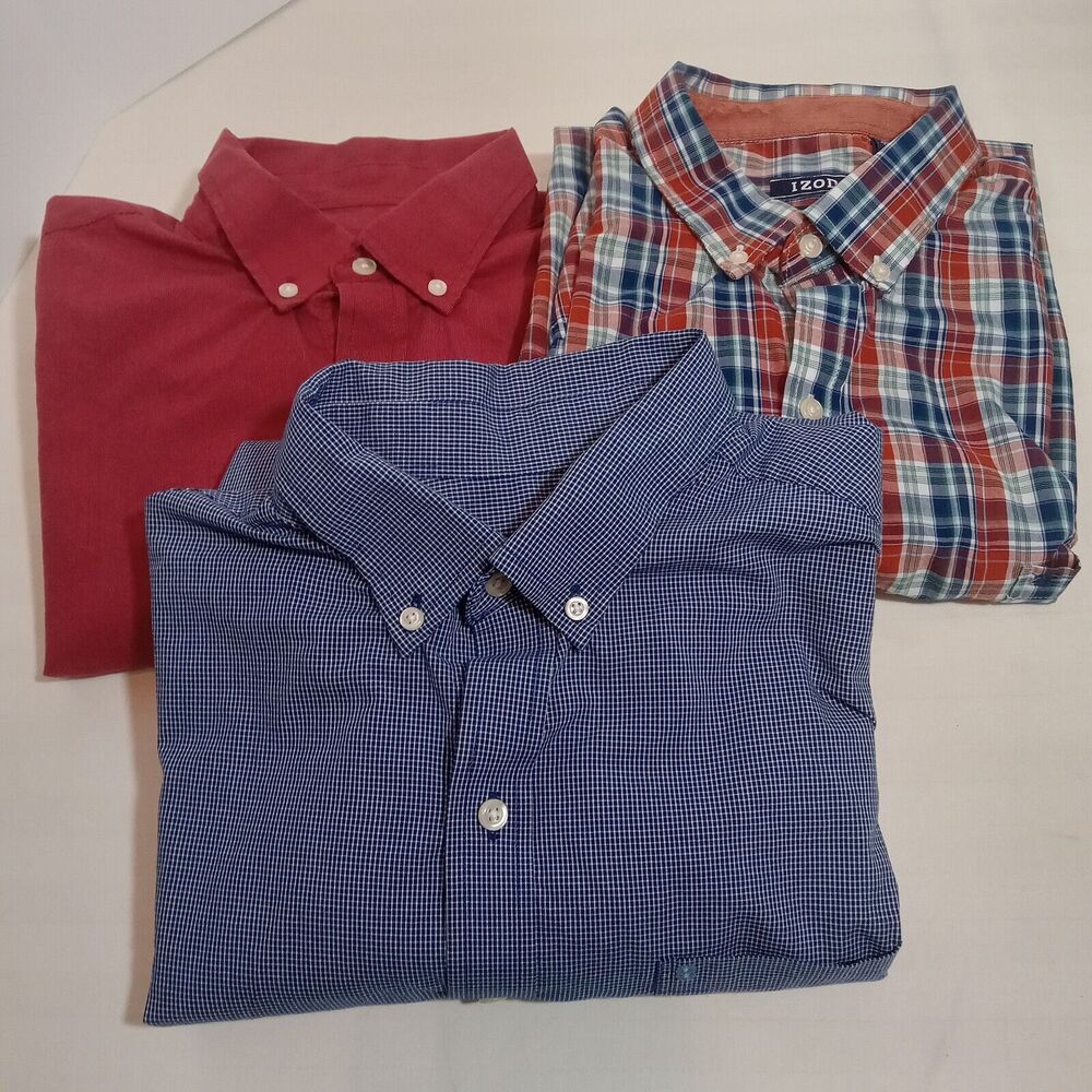 IZOD Size L Lot of 3 Men’s Shirts Long Sleeve Button Up Plaid and Checked